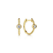 14K Yellow Gold Beaded Huggie Hoop Earrings with Diamonds
