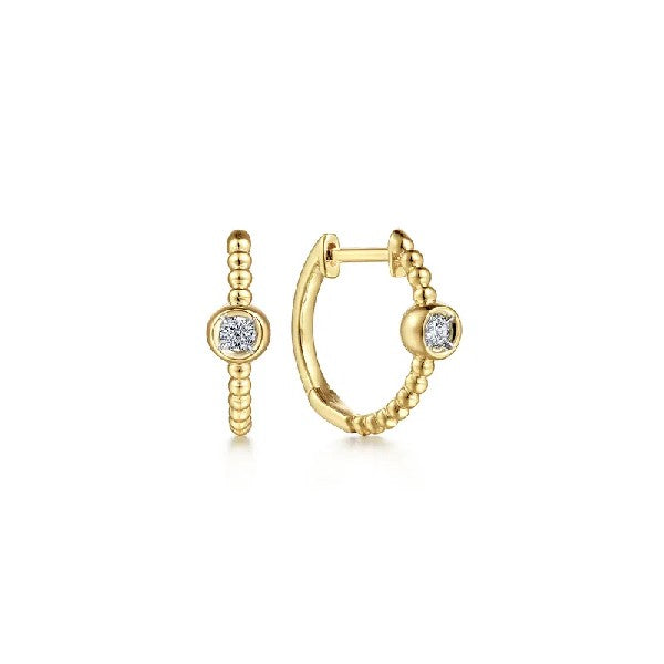 14K Yellow Gold Beaded Huggie Hoop Earrings with Diamonds