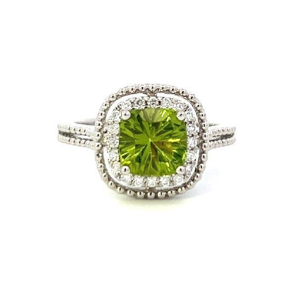 14K White Gold  Cushion Cut Peridot and Diamond Halo Ring