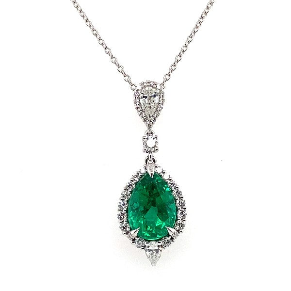 18K White Gold Pear Emerald and Diamond Halo Necklace