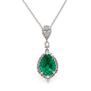 18K White Gold Pear Emerald and Diamond Halo Necklace