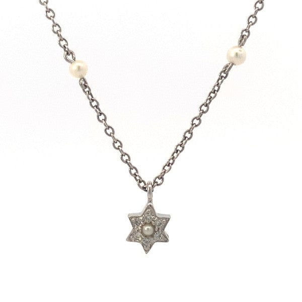 14K White Gold Station Pearl and Diamond Star Pendant