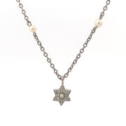 14K White Gold Station Pearl and Diamond Star Pendant