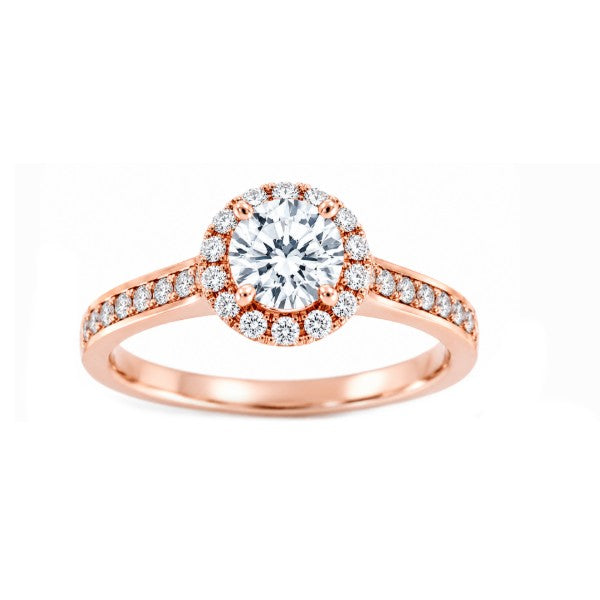 14K Rose Gold Round Halo Diamond Engagement Ring With Accented Band
