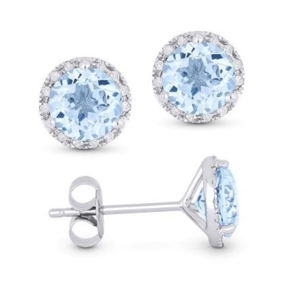 14K White Gold Blue Topaz and Diamond Halo Earrings