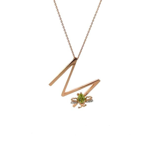 Letter M Gold Peridot and Diamond Necklace