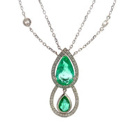 18K White Gold Double Emerald Teardrop and Diamond Necklace - ESTATE
