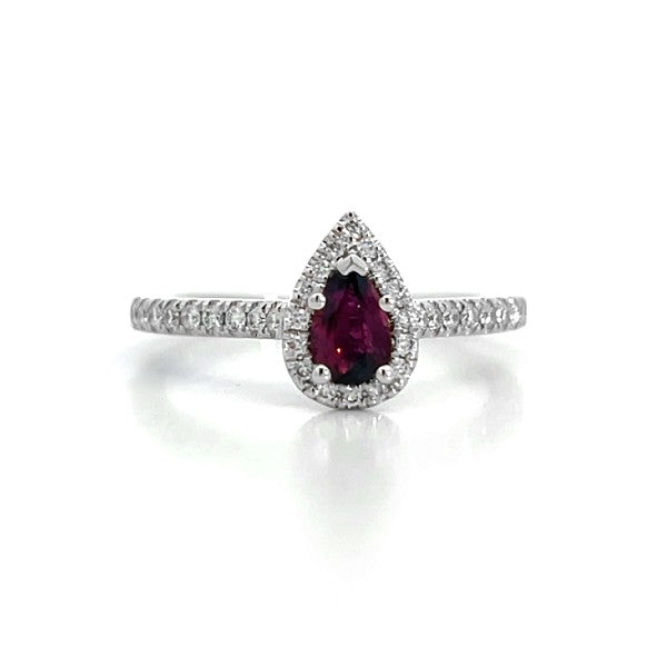 14K White Gold Pear Ruby and Diamond Halo Ring