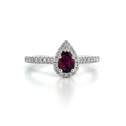 14K White Gold Pear Ruby and Diamond Halo Ring