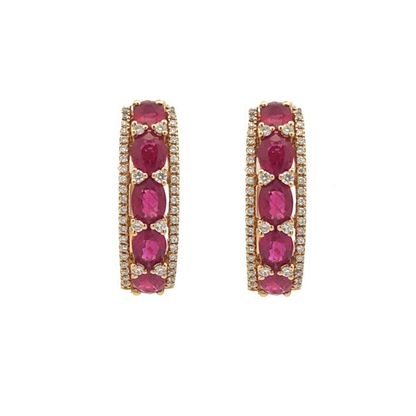 18K Yellow Gold Ruby and Diamond Oval Hoop Earrings