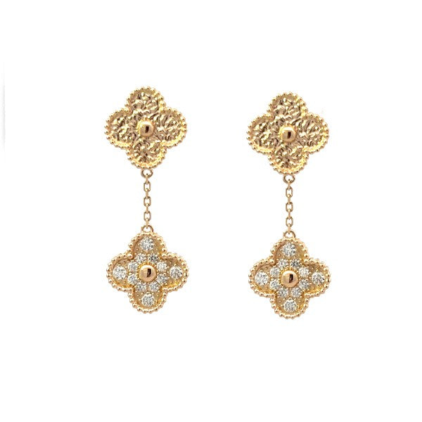 14K Yellow Gold Diamond Drop Clover Earrings