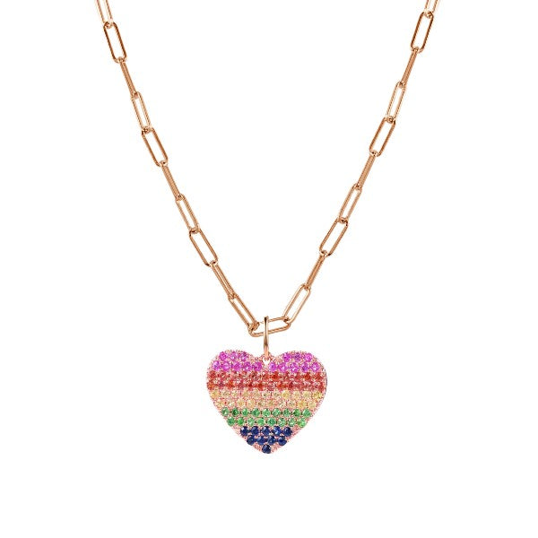 14K Rose Gold Rainbow Sapphire Heart Pendant Necklace