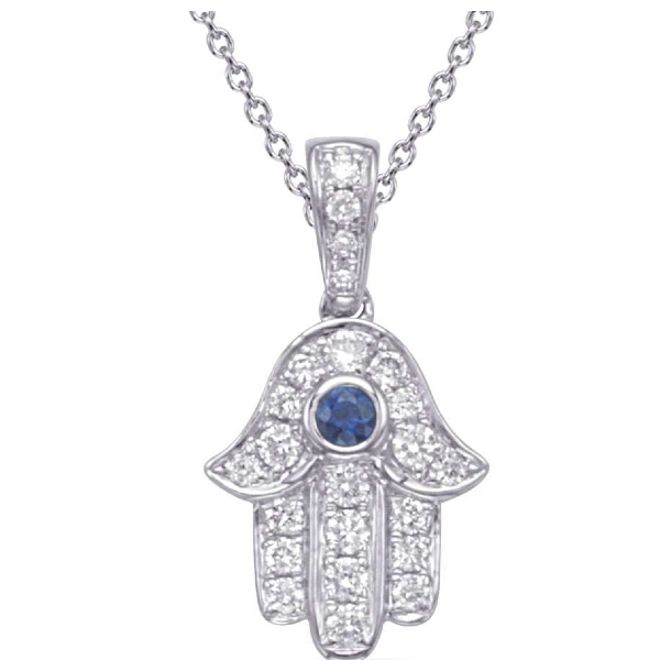 14K White Gold Sapphire Hamsa Pendant