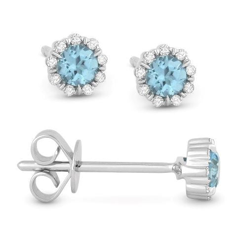 14K White Gold Blue Topaz and Diamond Halo Earrings