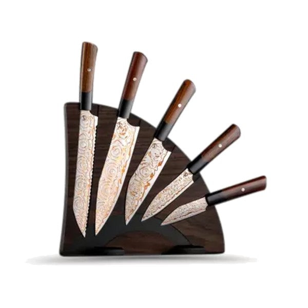 WILLIAM HENRY Kultro Damascus Steel Flare Kitchen Knife Set with Block