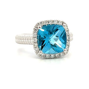 14K White Gold Cushion Swiss Blue Topaz Diamond Halo Ring