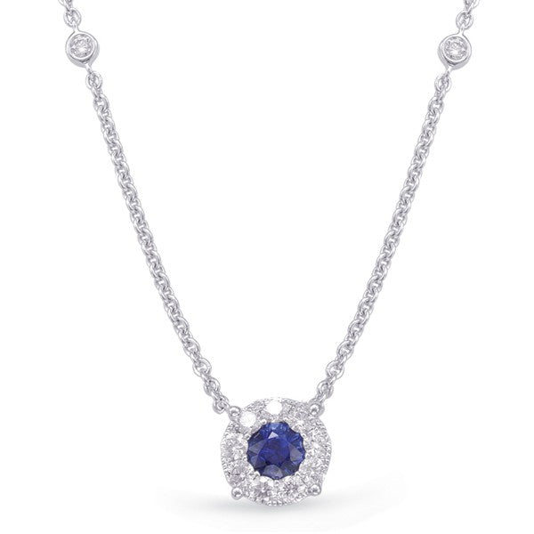 14K White Gold Sapphire and Diamond Halo Necklace