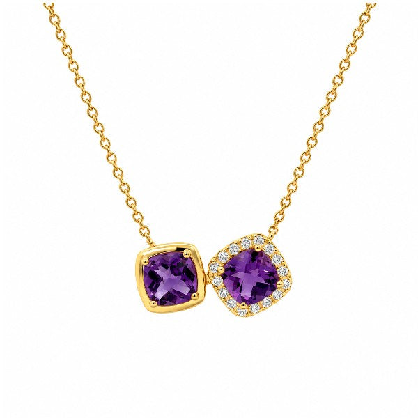 14K Yellow Gold Toi-Et-Moi Amethyst and Diamond Necklace