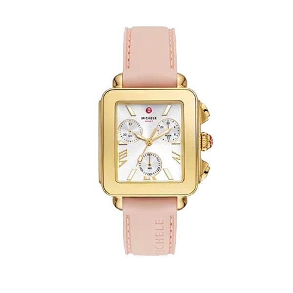 MICHELE Deco Sport Chronograph 18K Gold-Plated Ballet Pink Silicone Watch