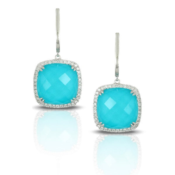 18K White Gold Earrings With Diamond Halo and Clear Quartz Over Turquoise