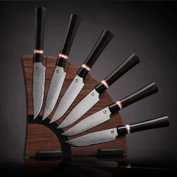 WILLIAM HENRY Kultro Damascus Steel Gourmet Steak Knife Set with Ebony Handles with Block