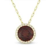 14K Yellow Gold Garnet and Diamond Halo Necklace