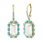 Load image into Gallery viewer, SLOANE STREET 18k Yellow Gold Emerald Cut White Topaz Earrings with Turquoise and Diamond Halo

