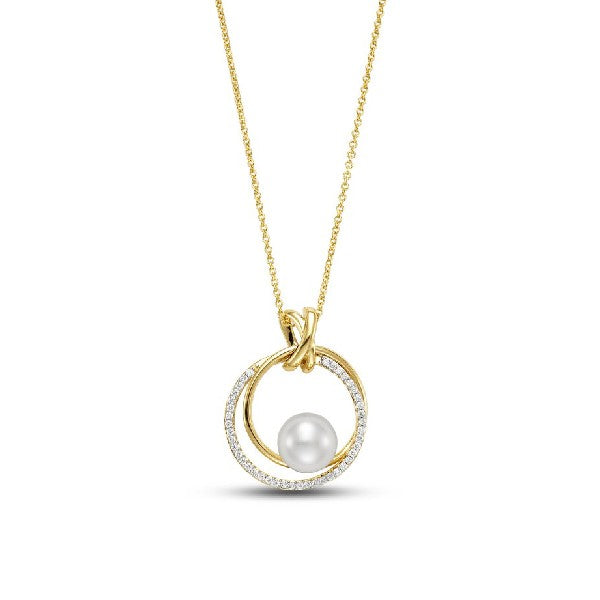 18K Yellow Gold Double Loop Freshwater Pearl and Diamond Pendant Necklace