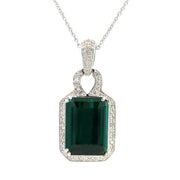 14K White Gold Emerald Cut Green Tourmaline and Diamond Halo Pendant