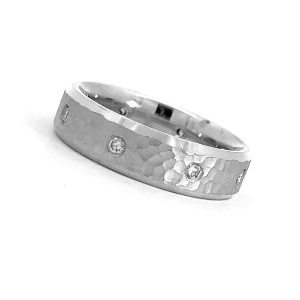 Men's 18K White Gold Hammered Diamond Wedding Band