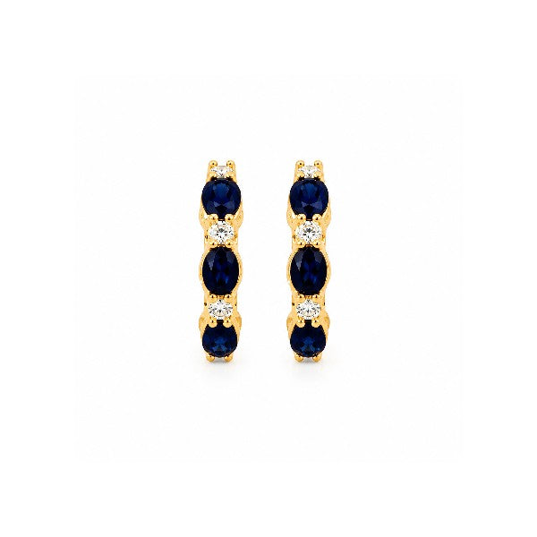 14K Yellow Gold Blue Sapphire and Diamond Small Hoop Earrings