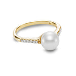 Load image into Gallery viewer, 14K Yellow Gold 7.5-8mm White Freshwater Pearl Ring with Accent Diamonds
