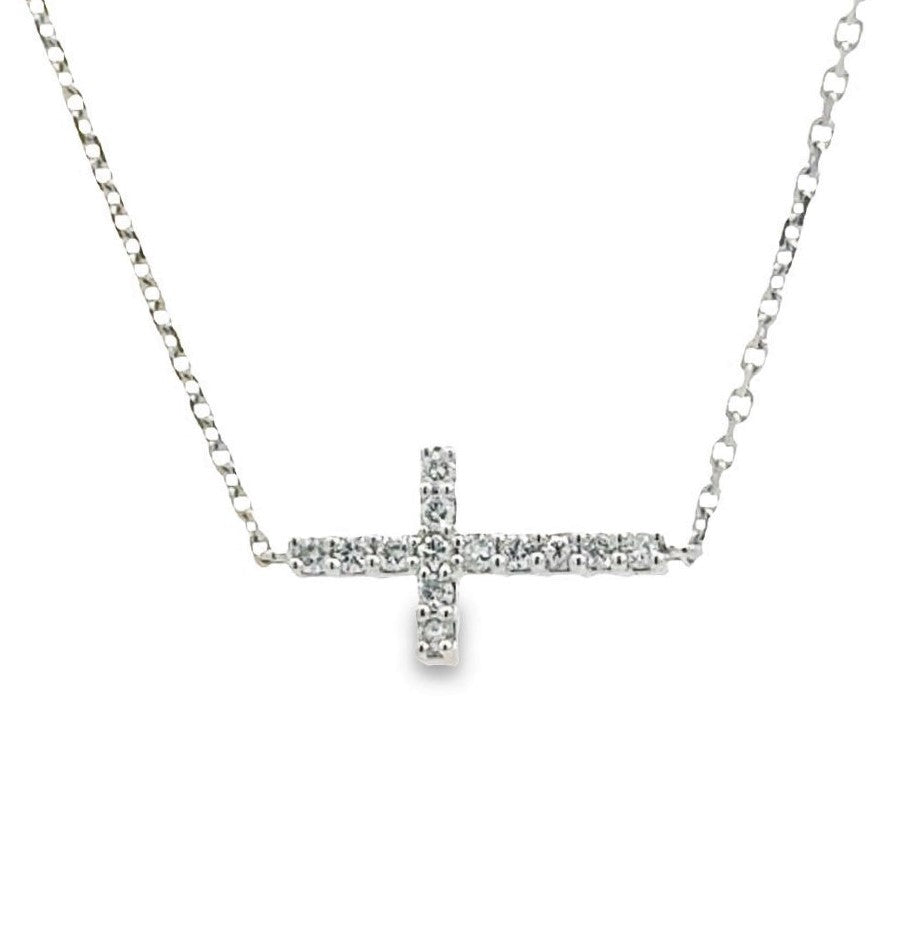 18K White Gold Sideways Diamond Cross Necklace