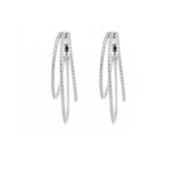 18K White Gold Layered Triple Hoop Diamond Earrings