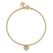 14K Yellow Gold Beaded White Sapphire Heart Charm Bracelet