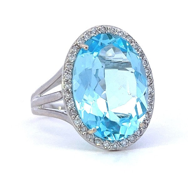 Blue Topaz and Diamond Halo Cocktail Ring