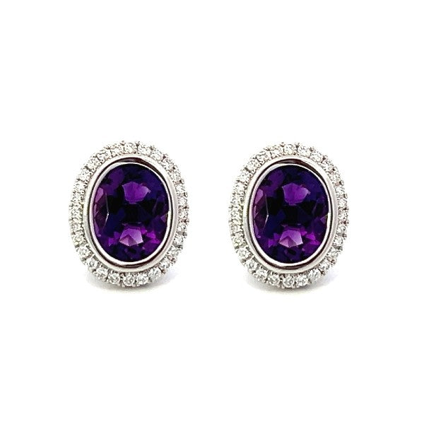 14K White Gold Oval Amethyst and Diamond Halo Stud Earrings