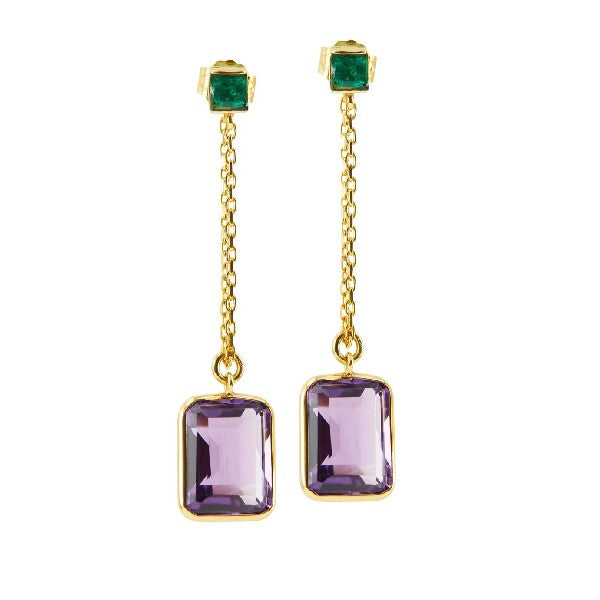 18K Yellow Gold Emerald & Amethyst Chain Drop Earrings