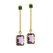 18K Yellow Gold Emerald & Amethyst Chain Drop Earrings