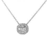 18K White Gold Baguette Diamond Halo Necklace