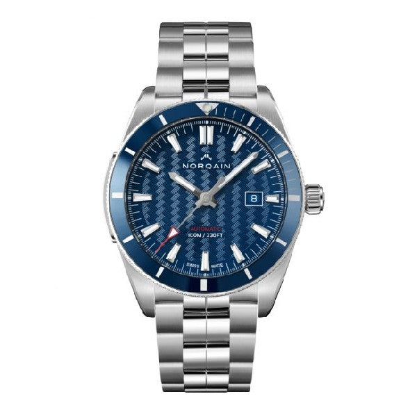 NORQAIN Adventure Sport 42mm Watch, Blue Pattern Dial and Stainless Steel Bracelet