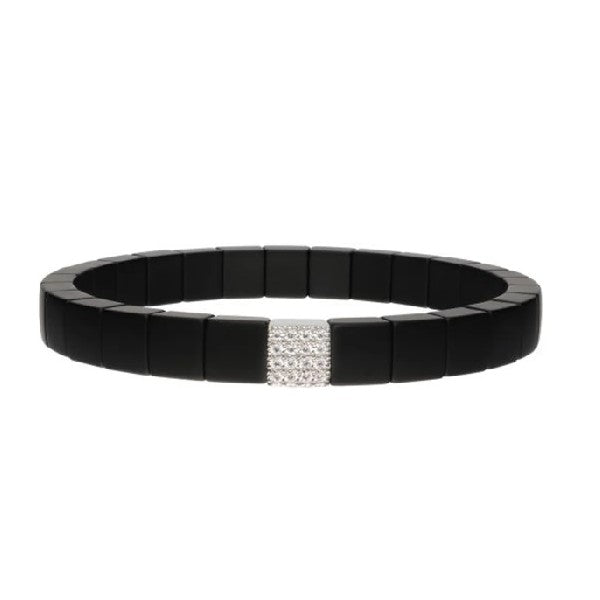 DEMEGLIO 18K White Gold and Matte Black Ceramic Pave Diamond Station Stretchable Bracelet