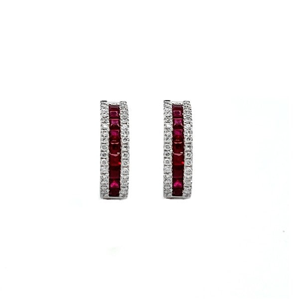 14K White Gold Ruby and Diamond Hoop Earrings