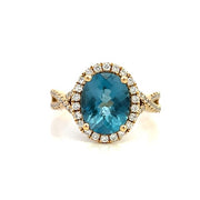 14K Yellow Gold Oval Blue Topaz and Diamond Halo Ring