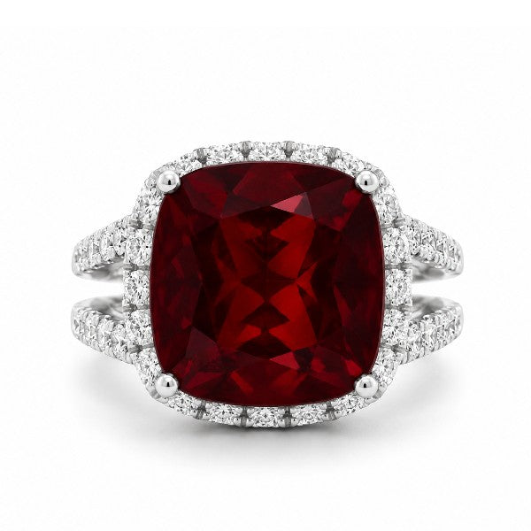 18K White Gold Halo Split Shank Garnet Ring
