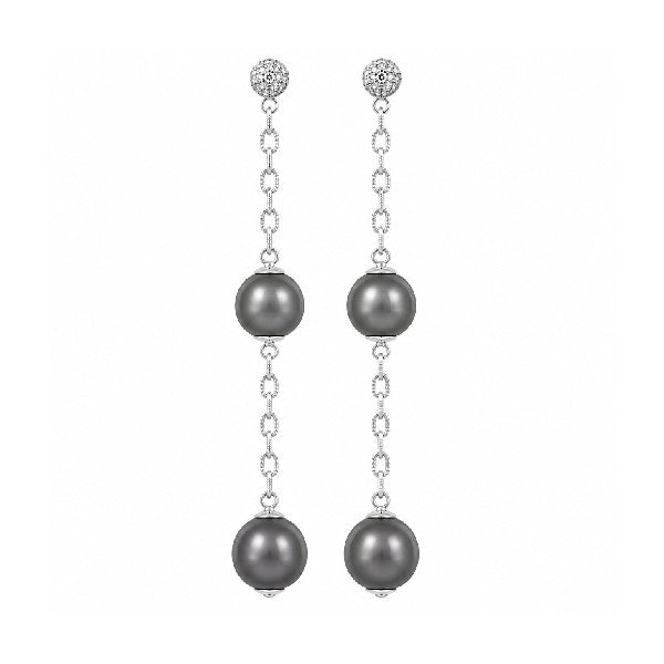 14K White Gold Double Drop Tahitian Pearl and Diamond Earrings