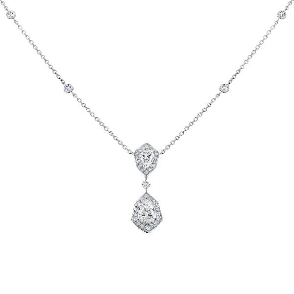 18K White Gold Double Drop Halo Necklace with Pear and Emerald Cut Diamonds