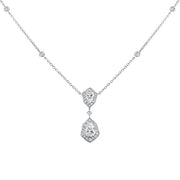 18K White Gold Double Drop Halo Necklace with Pear and Emerald Cut Diamonds