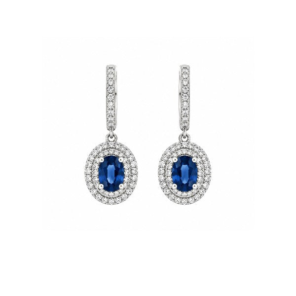 14K White Gold Drop Blue Sapphire and Diamond Double Halo Earrings