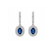 14K White Gold Drop Blue Sapphire and Diamond Double Halo Earrings